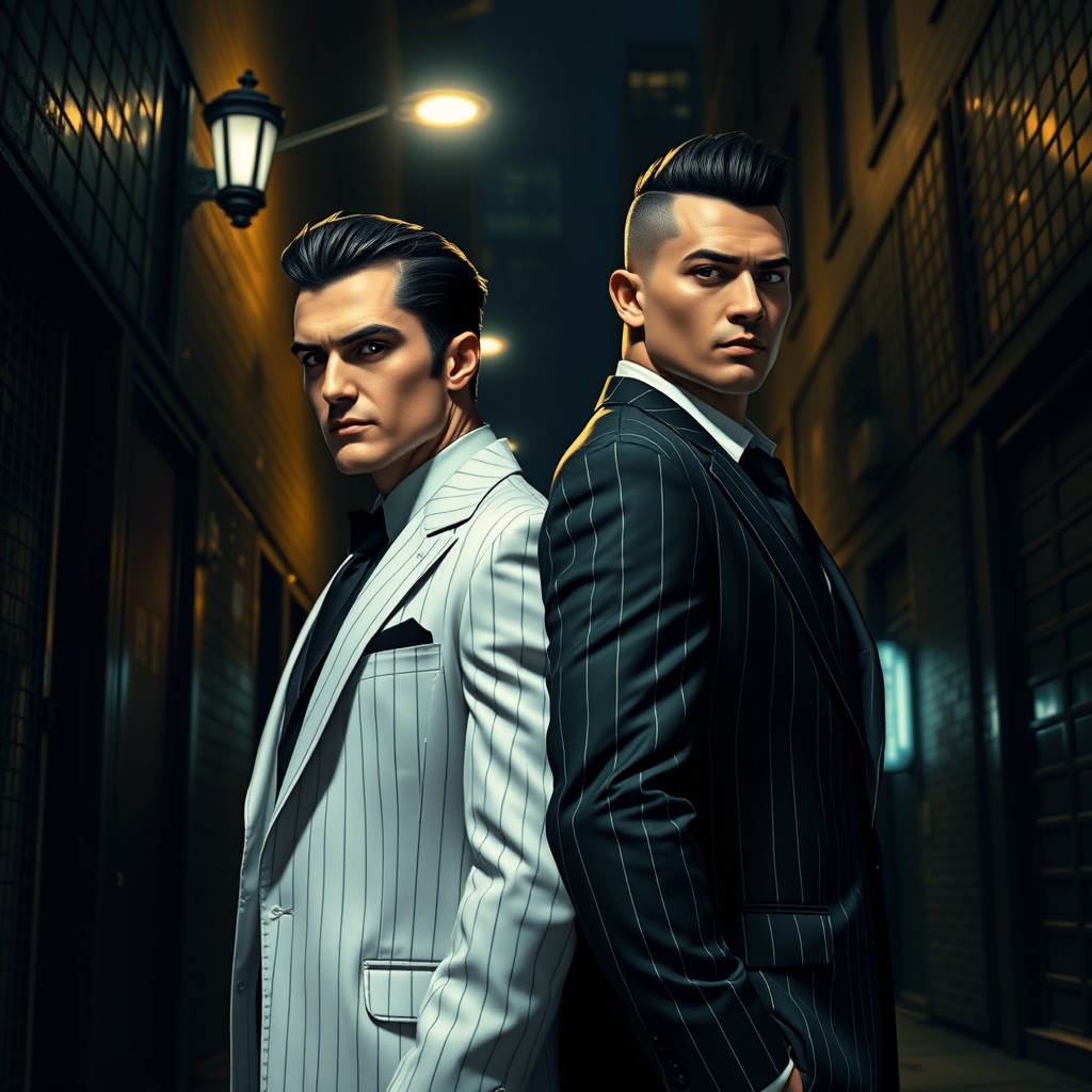 Two DC villains, named Yin and Yang, portrayed as mobster brothers wearing stylish pinstripe suits