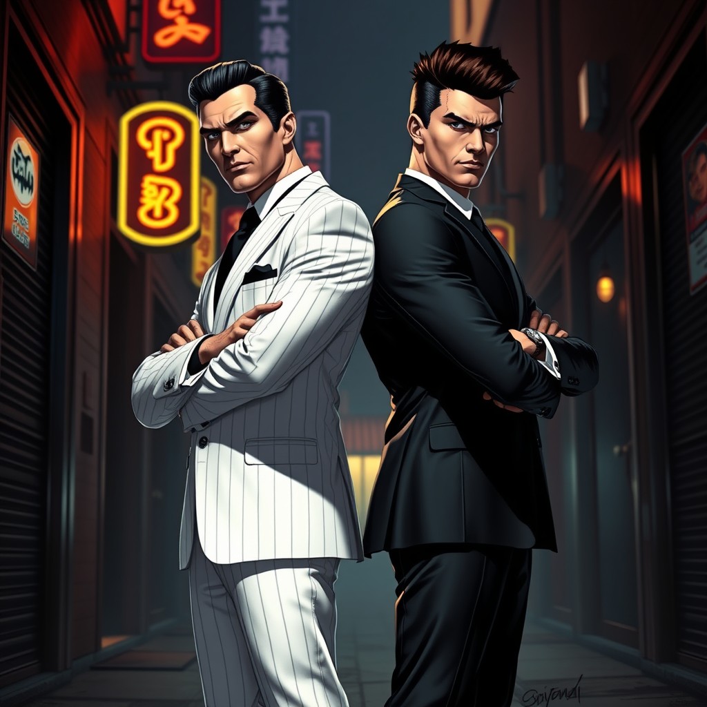 Two DC villains, called Yin and Yang, are depicted as mobster brothers standing confidently in a dark urban setting