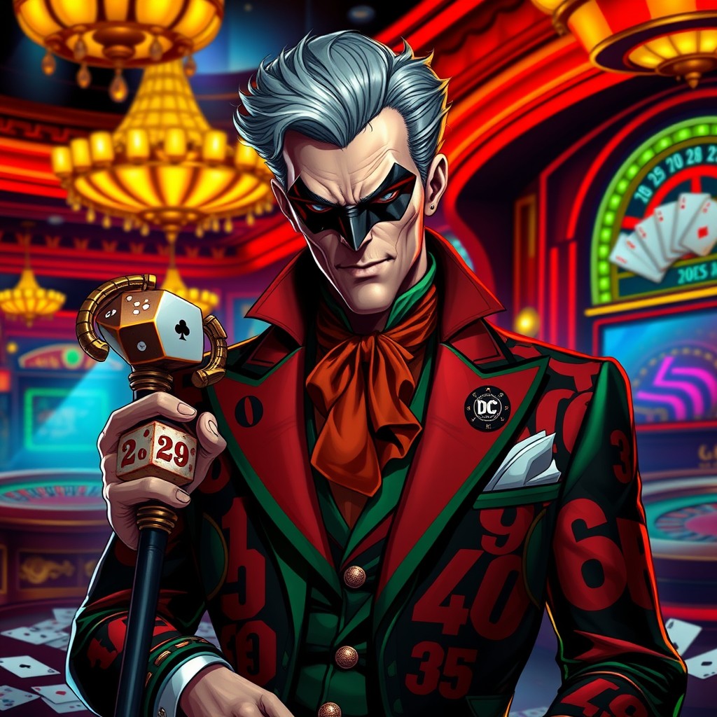 A DC villain depicted as a sophisticated man living a life as a casino gambler, radiating charm and confidence