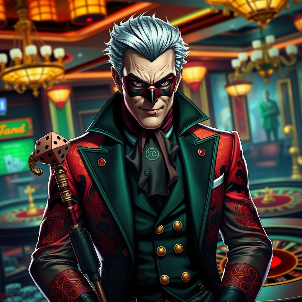 A DC villain portrayed as a charismatic man leading a double life as a casino gambler, deeply obsessed with the colors red, black, and green