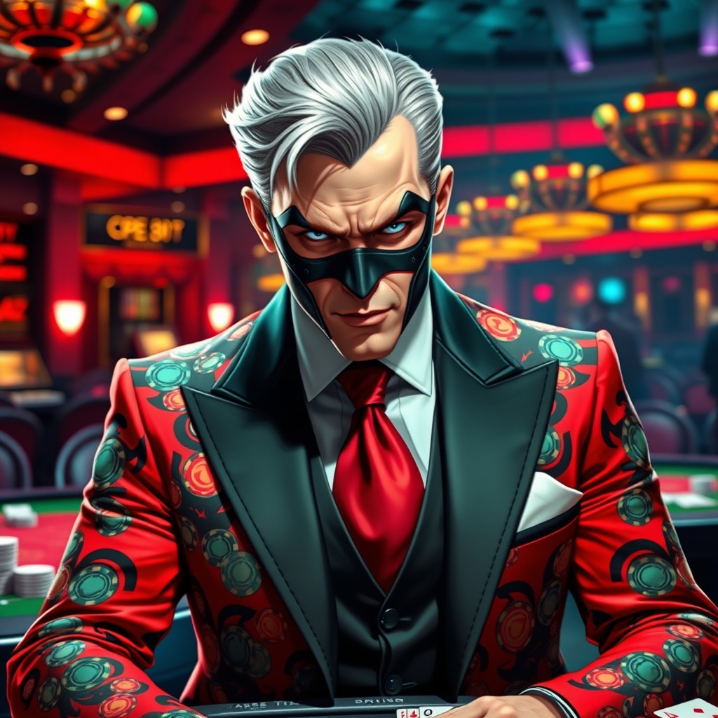A DC villain designed as an elegant man who embodies the lifestyle of a casino gambler, deeply obsessed with the colors red, black, and green