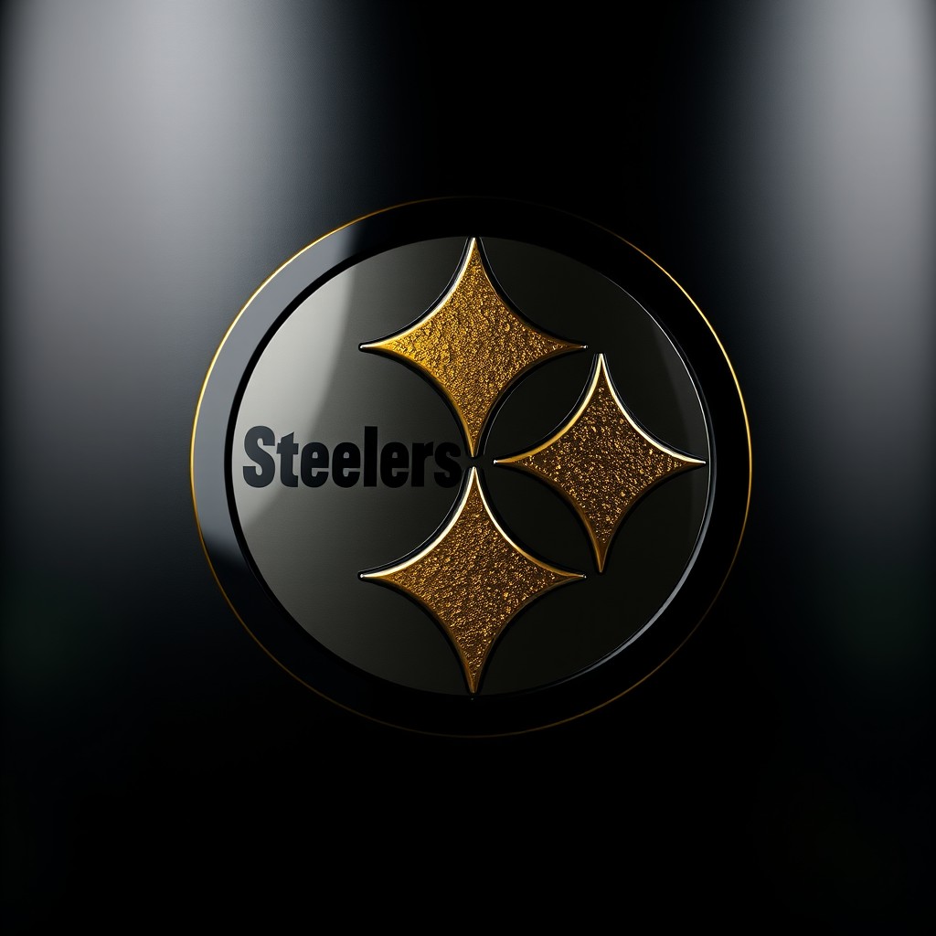 A close-up shot of a bold and dynamic Pittsburgh Steelers logo, showcasing its three diamond shapes in gold, black, and white against a sleek black background