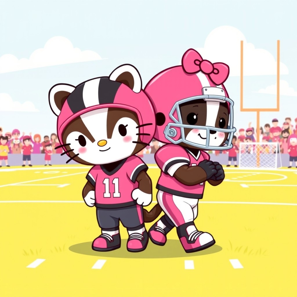 A whimsical and playful illustration combining elements of Hello Kitty and a badger, both dressed in a football uniform
