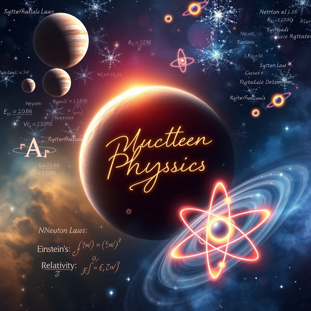 An artistic representation of the fundamental concepts of physics, featuring elements like celestial bodies, atom structures, and equations written in luminous script