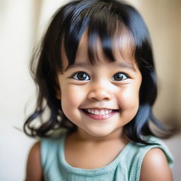 A close up portrait of a toddler girl with shiny black hair, bright eyes, and olive skin, wearing an innocent, cheerful smile. She is photographed in natural light.