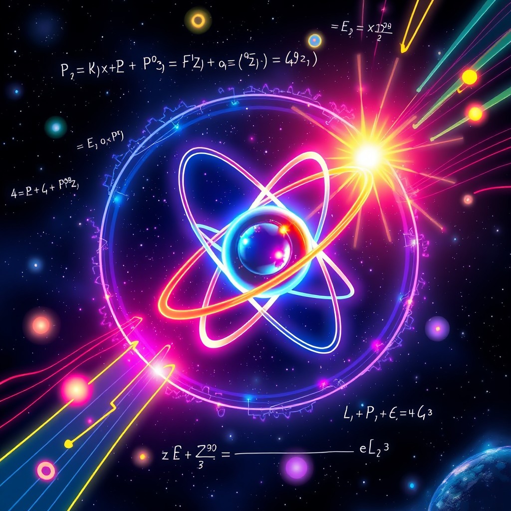 A dynamic physics illustration depicting a glowing atom with electrons in orbital paths, surrounded by colorful energy waves