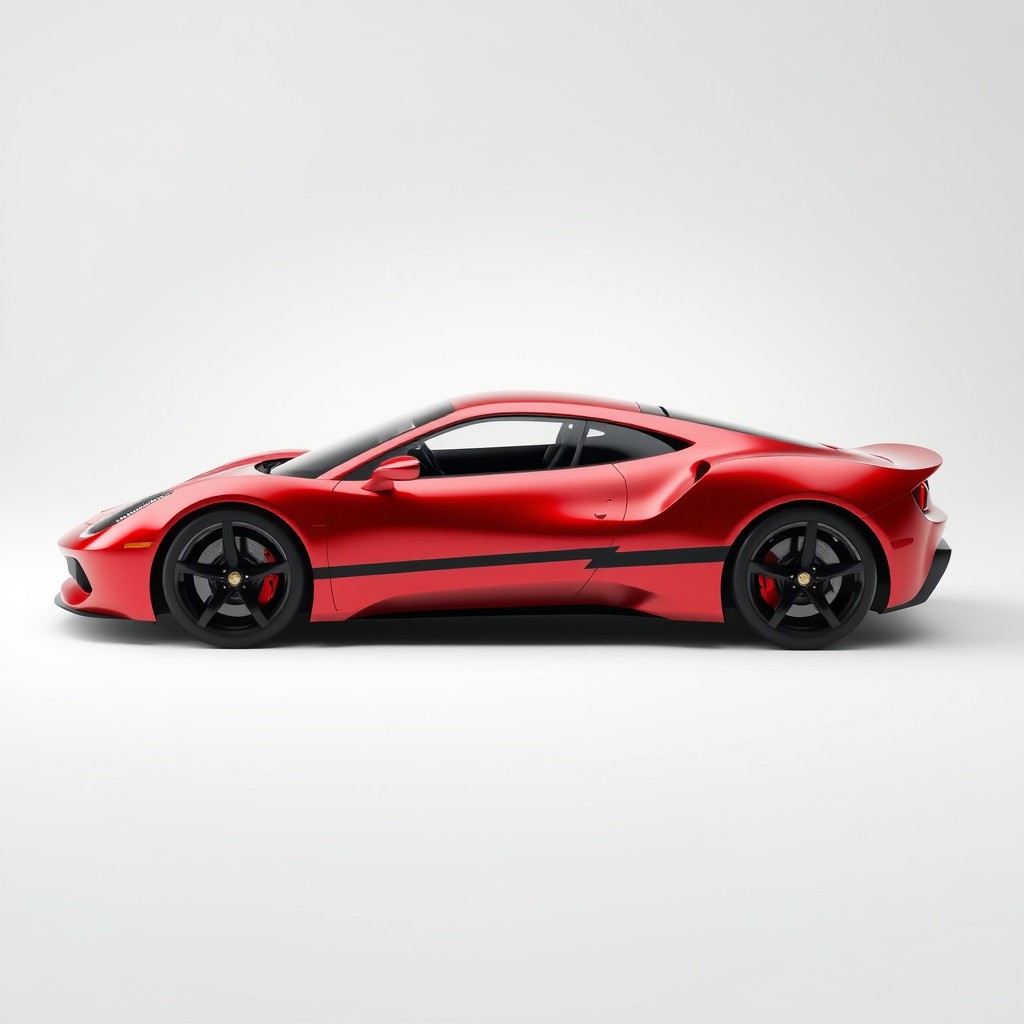 A realistic 3D model of a sleek, modern sports car with aerodynamic curves, a shiny metallic red paint job, and black racing stripes