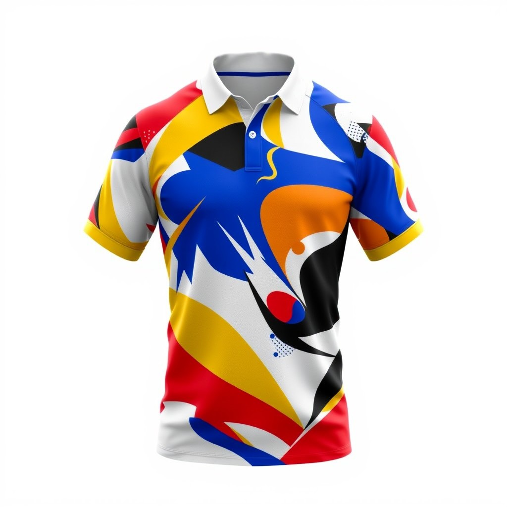 A rugby jersey featuring a striking abstract design with a blend of vibrant colors including red, yellow, royal blue, white, and black