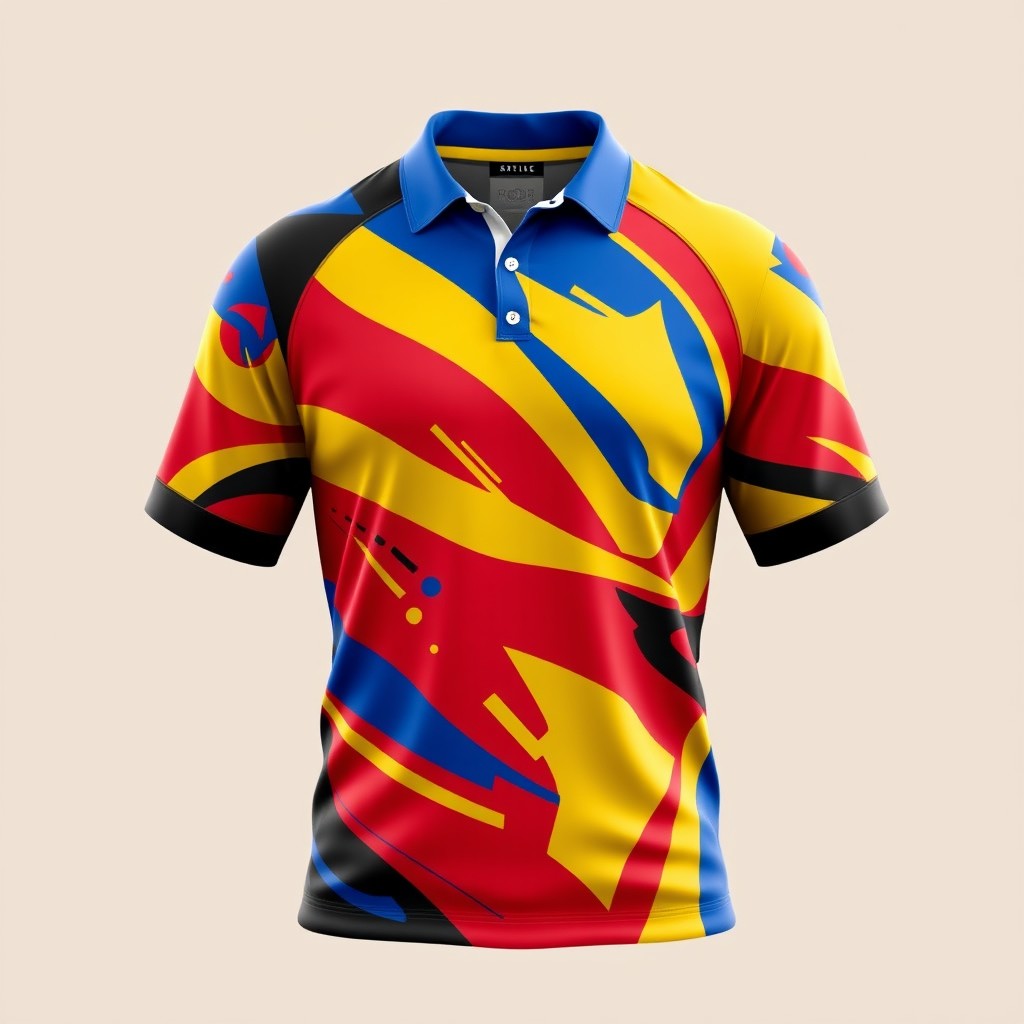 A rugby jersey featuring a striking abstract design with a blend of vibrant colors including red, yellow, royal blue, and black