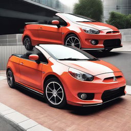 A high-quality photograph showcasing a tuned Mitsubishi Colt CZC convertible in a bright coral color