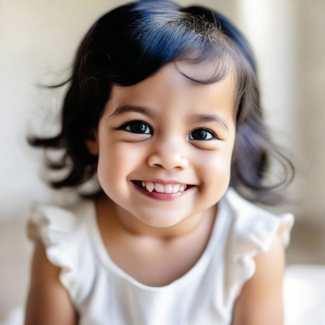 A close up portrait of a toddler girl with shiny black hair, bright eyes, and olive skin, wearing an innocent, cheerful smile. She is photographed in natural light.