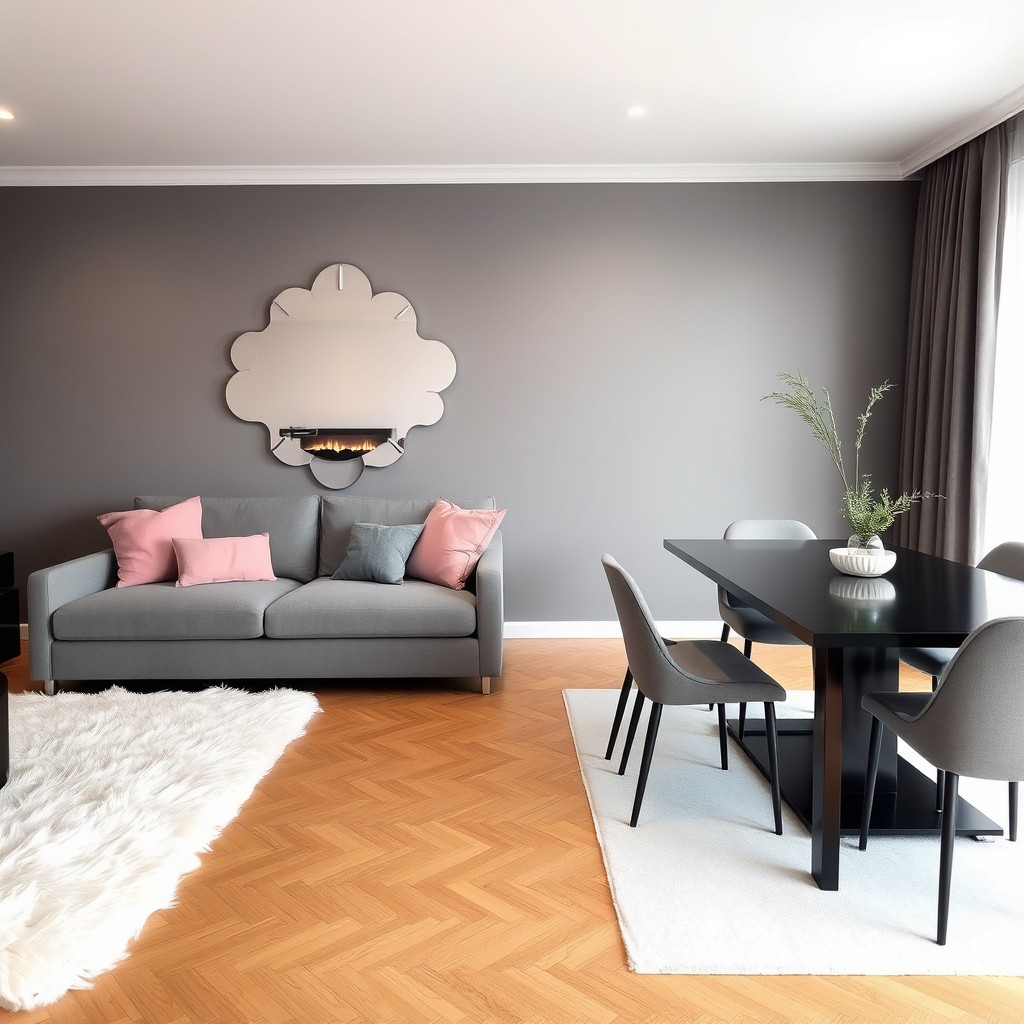 A stylish living room and dining area featuring a grey sofa bed adorned with pink cushions