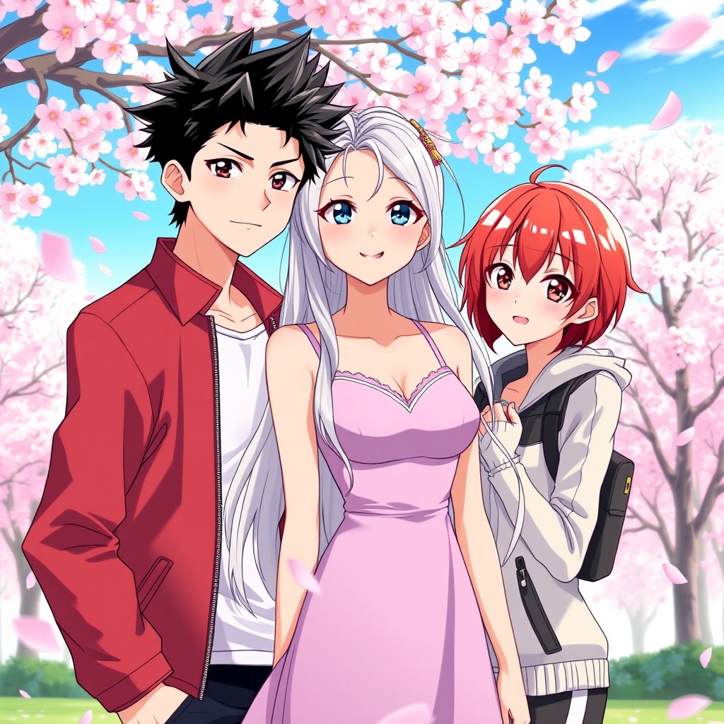 A love triangle scene in an anime style, featuring three main characters: a handsome young man with spiky black hair, wearing a stylish jacket, a beautiful girl with long flowing silver hair and sparkling blue eyes, dressed in an elegant dress, and a sporty girl with short red hair wearing a trendy outfit