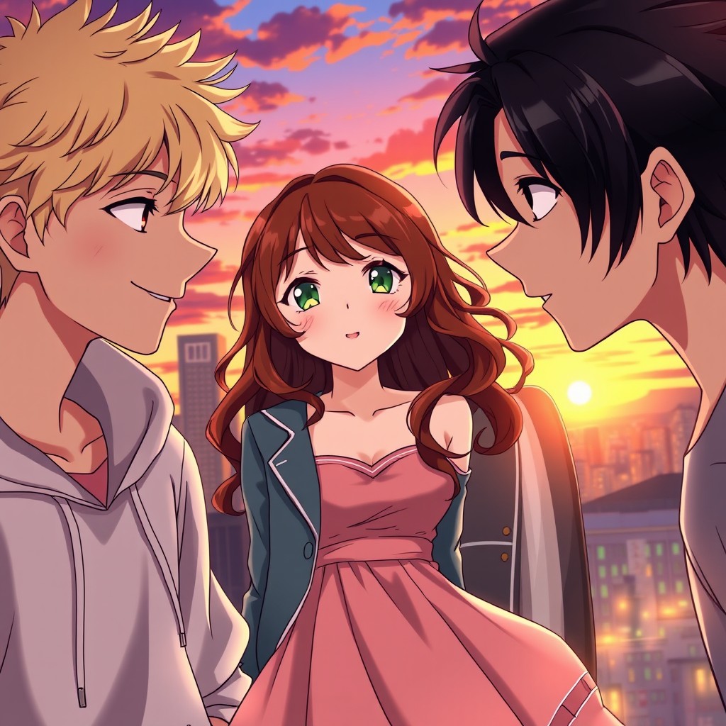 An anime love triangle scene featuring two young men and a girl positioned in the middle
