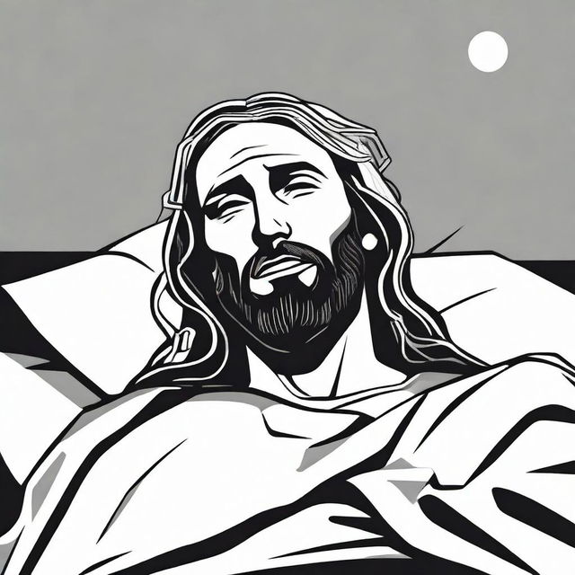 The figure of Jesus Christ resting on a bed, shown in a comic style, black and white, simple flat design with high contrast vector line art.