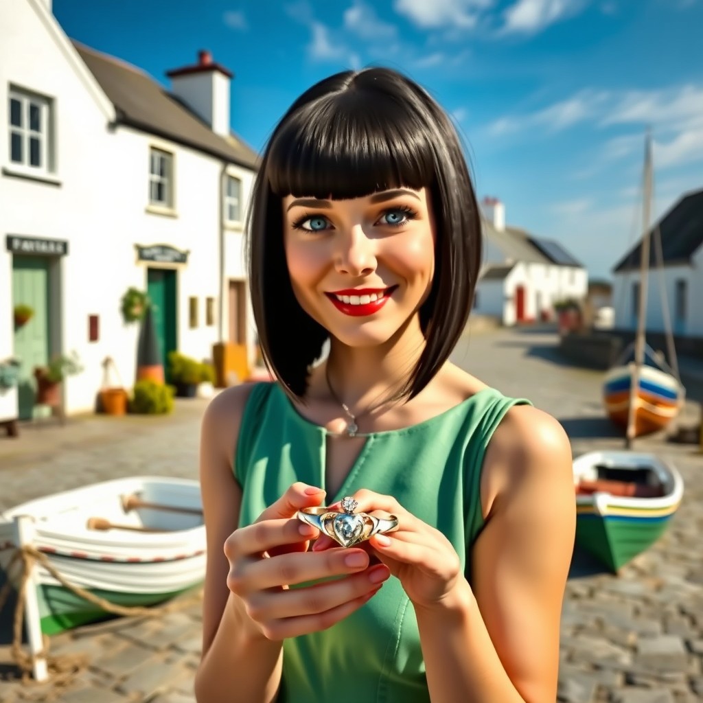 A scene depicting Claddagh Village near Galway, showcasing its iconic whitewashed cottages and fishing boats