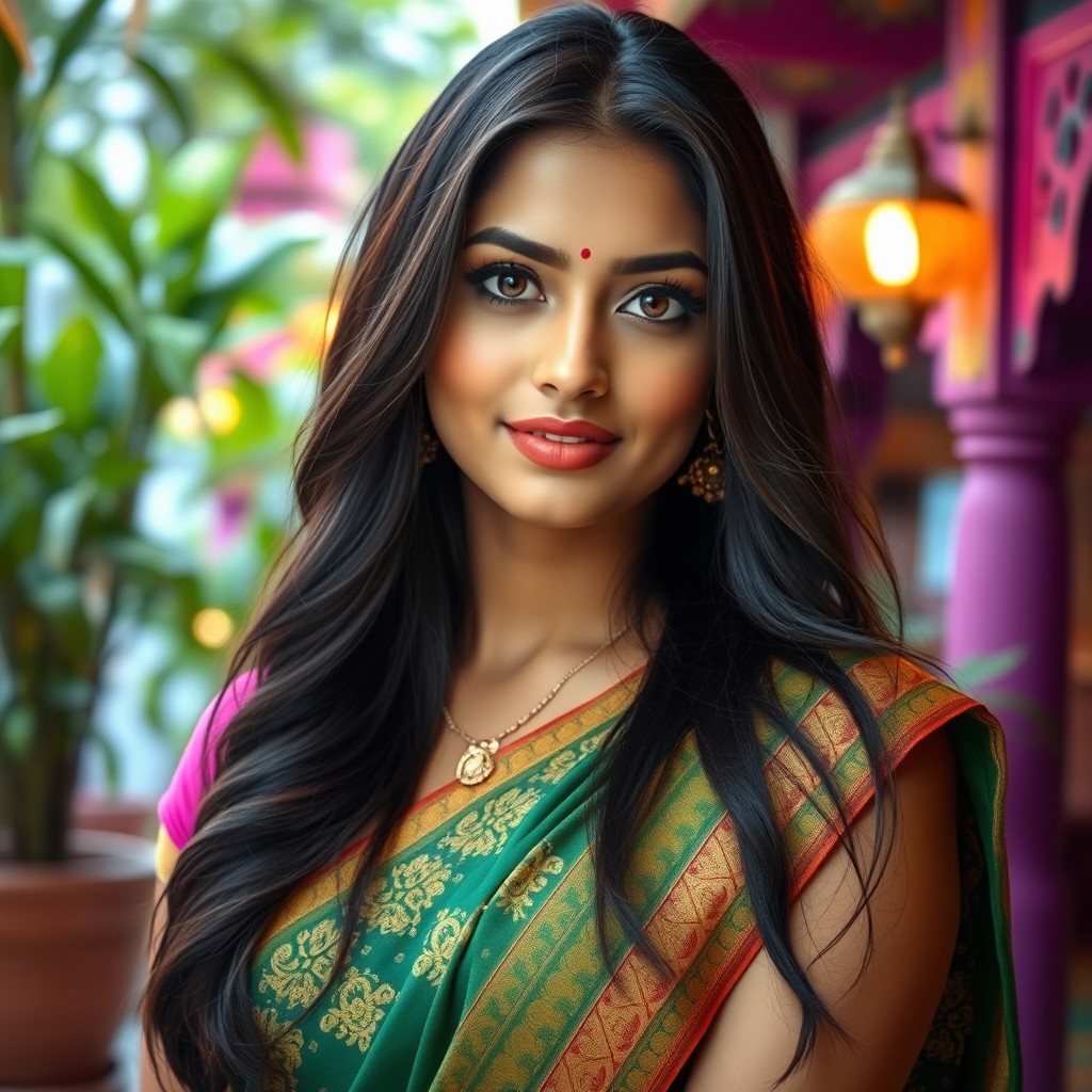 A captivating portrait of a beautiful Indian woman, showcasing her stunning features with long dark hair cascading over her shoulders, wearing a traditional colorful saree adorned with intricate patterns