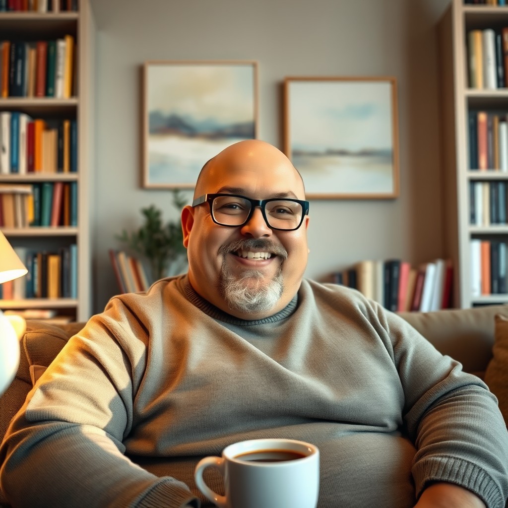 A bald, chubby man wearing glasses and sporting a gray goatee, sitting comfortably in a cozy living room