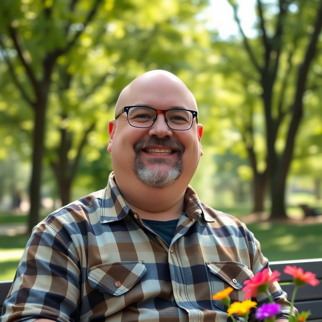 A chubby bald man with a gray goatee and glasses, smiling warmly