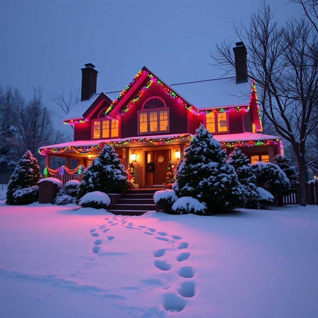 A cozy, elegant home beautifully illuminated with colorful Christmas lights at night, surrounded by a tranquil winter landscape featuring soft, white snow covering the ground