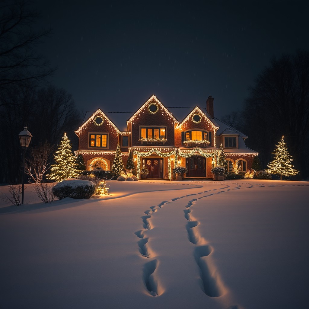 A charming and opulent home adorned with bright, twinkling Christmas lights glowing against the night sky, set in a serene winter landscape