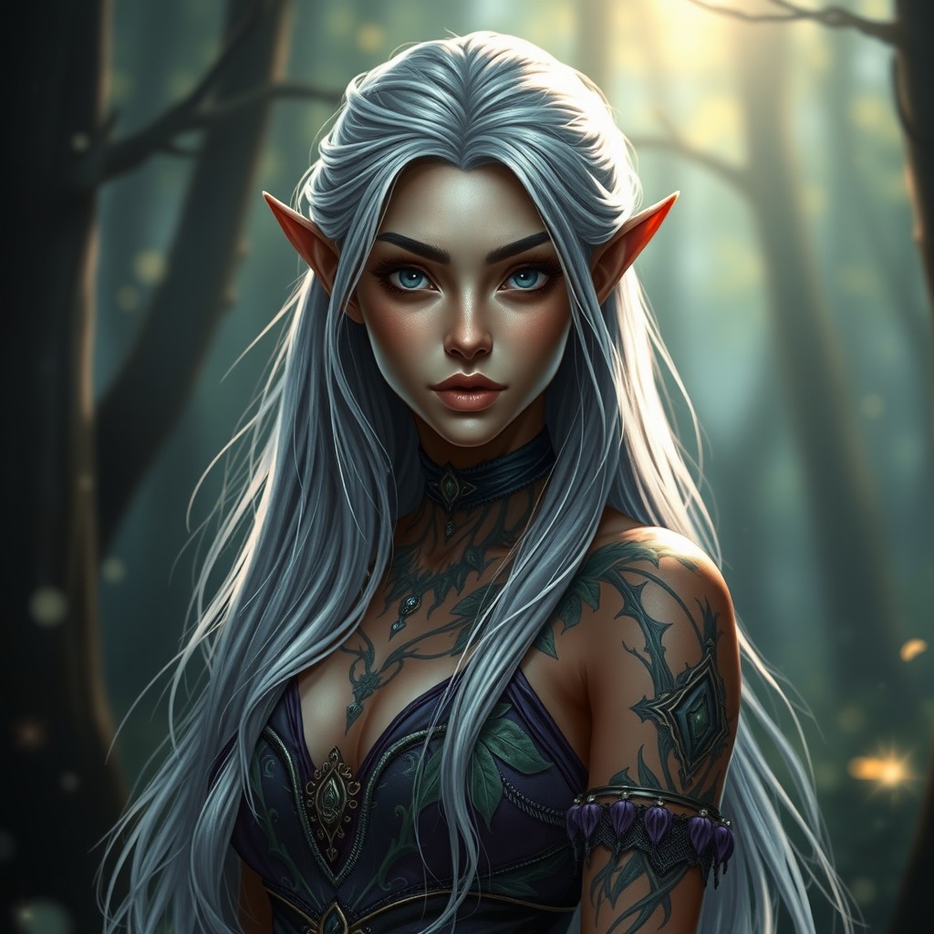 A captivating wood elf and drow hybrid woman, showcasing delicate pointed ears and ethereal features