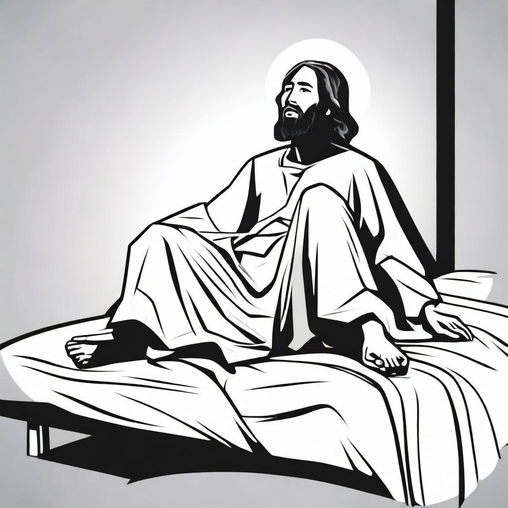 The figure of Jesus Christ resting on a bed, shown in a comic style, black and white, simple flat design with high contrast vector line art.