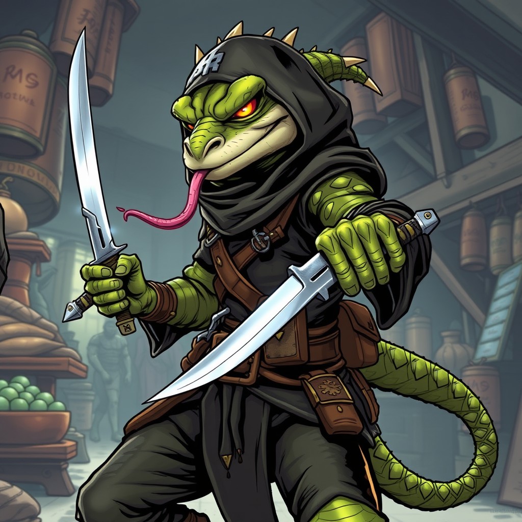 A humanoid rogue character with lizard-like features, including a long, flickering tongue and small scales covering parts of their body