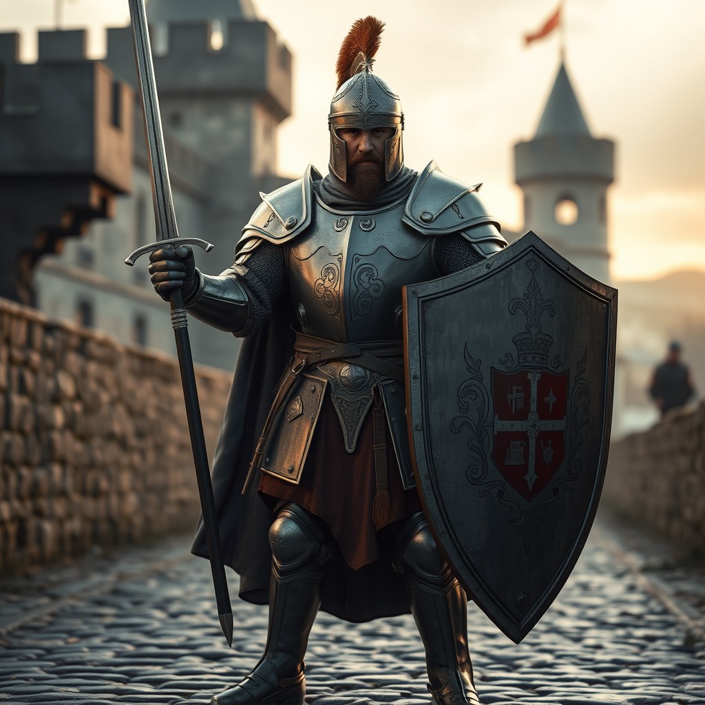 A medieval knight standing proudly in full armor, showcasing intricate details such as engravings and a shining helmet with a plume