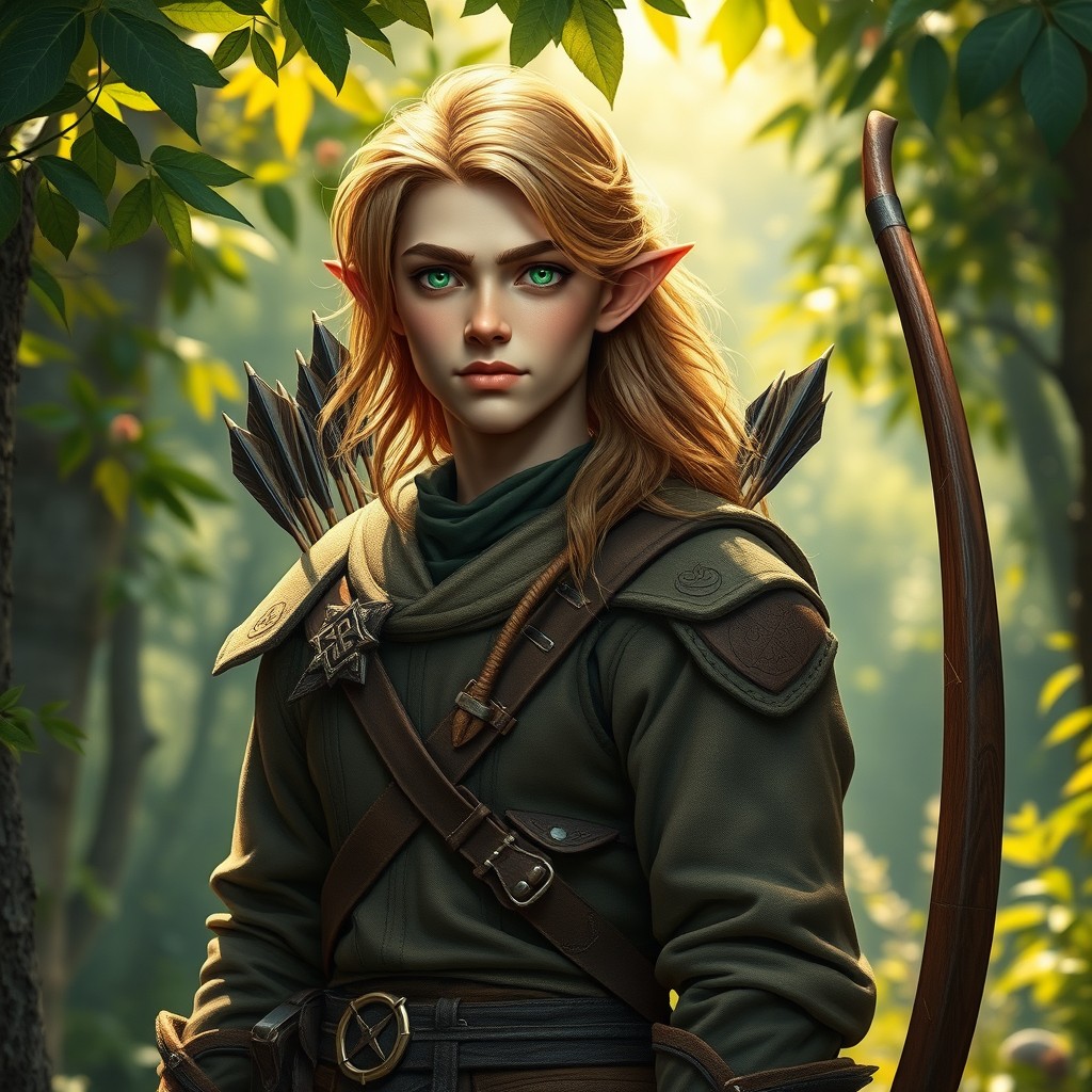 A charming young adult male half-human half-elf ranger, standing amidst a lush forest