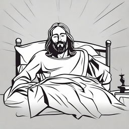 The figure of Jesus Christ resting on a bed, shown in a comic style, black and white, simple flat design with high contrast vector line art.