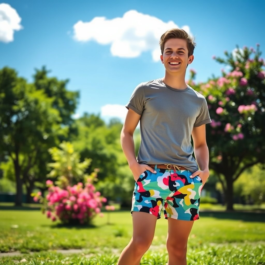 A casual summer scene featuring a fashionable young adult wearing stylish and colorful short shorts, standing in a sunlit park surrounded by lush greenery
