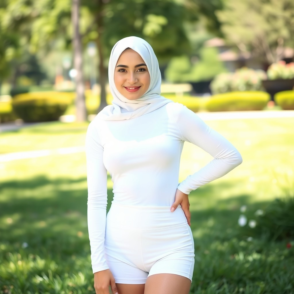 A woman wearing a white hijab, tight-fitting white long-sleeve shirt, and tight white shorts
