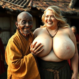 In a medieval village, a 50-year-old African woman, appearing malnourished with decayed teeth, is dressed in a long, fully closed Buddhist robe