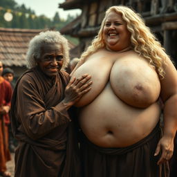 In a medieval village, a 22-year-old African woman, appearing malnourished with decayed teeth and curly white hair, is wearing a long, fully closed Buddhist robe