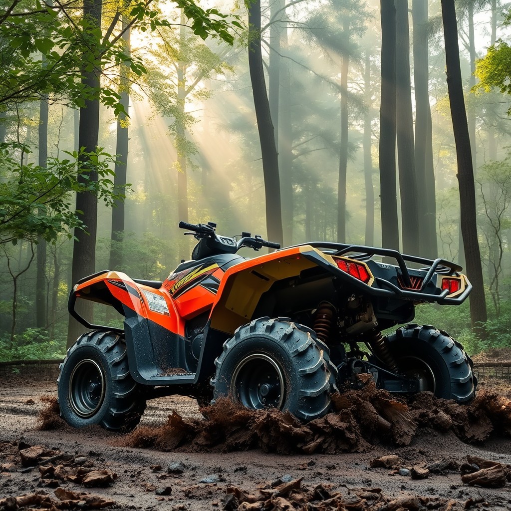A rugged all-terrain vehicle (ATV) navigating through a dense, misty forest