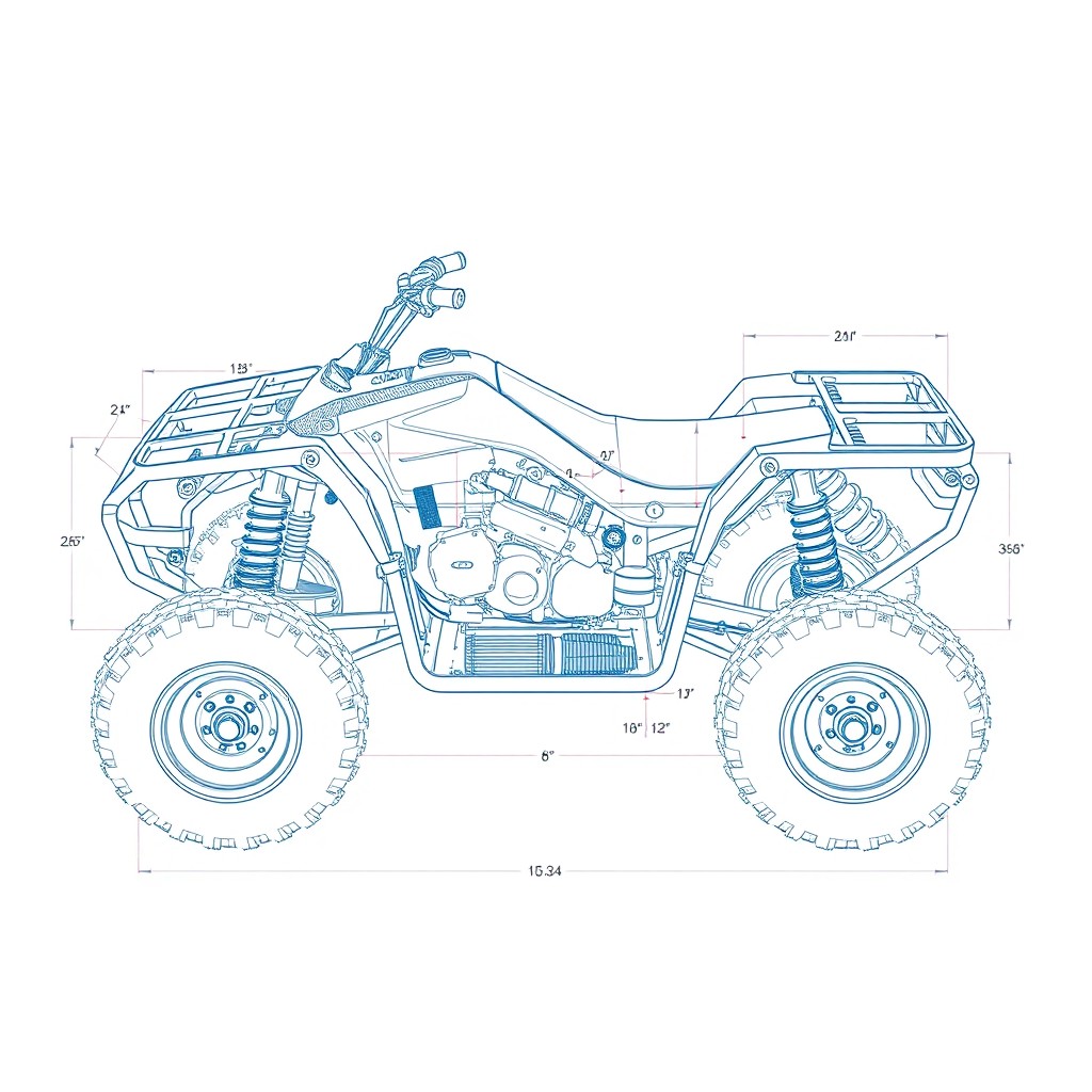 A detailed blueprint style illustration of an all-terrain vehicle (ATV) frame