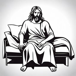 The figure of Jesus Christ resting on a bed, shown in a comic style, black and white, simple flat design with high contrast vector line art.