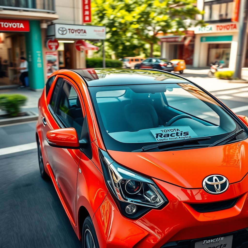 A sleek and modern Toyota Ractis showcased in an urban environment, highlighting its compact design and versatility