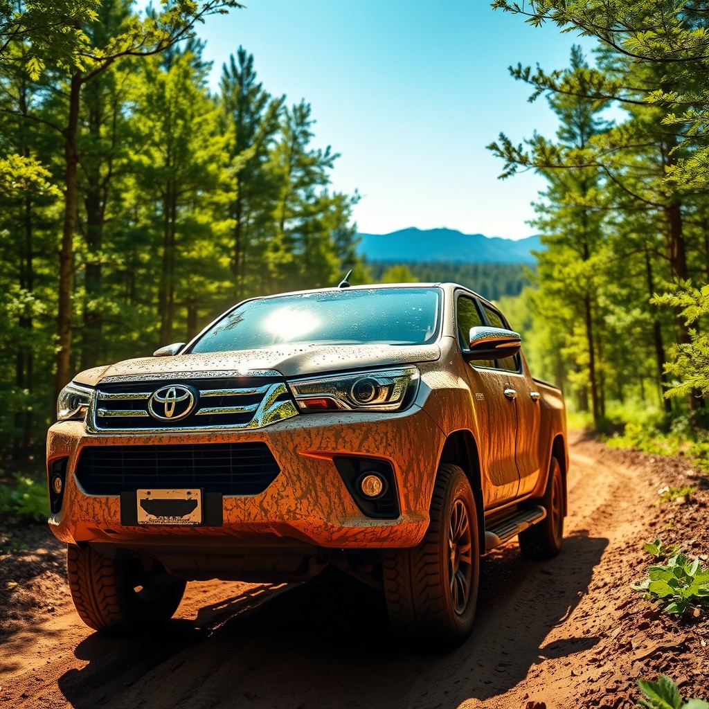 A powerful and rugged Toyota Hilux driving off-road through a vibrant green forest