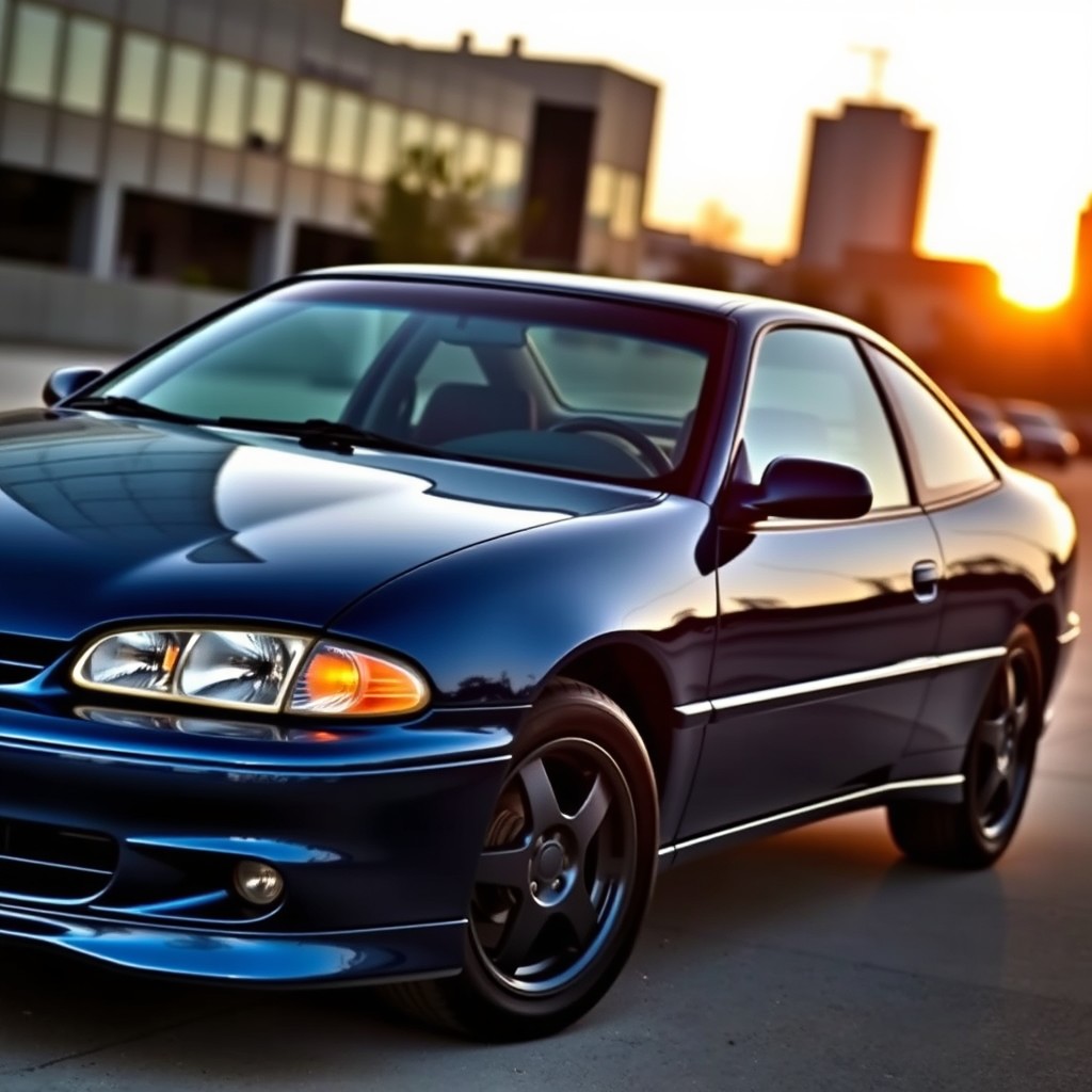 A 1998 Chevrolet Cavalier painted in a stunning dark candy blue color, showcasing its sleek lines and stylish design