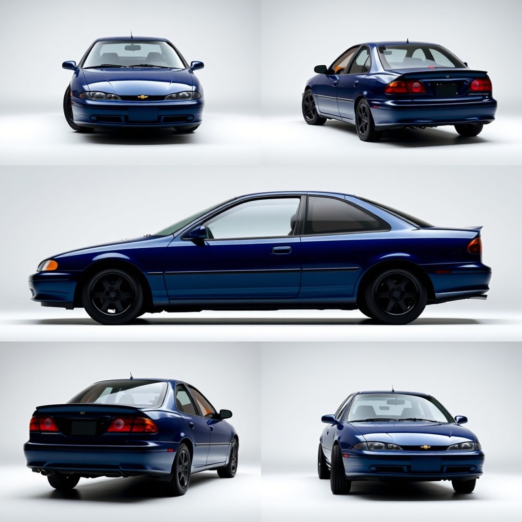 A 1998 Chevrolet Cavalier four-door car, painted in a striking dark candy blue color