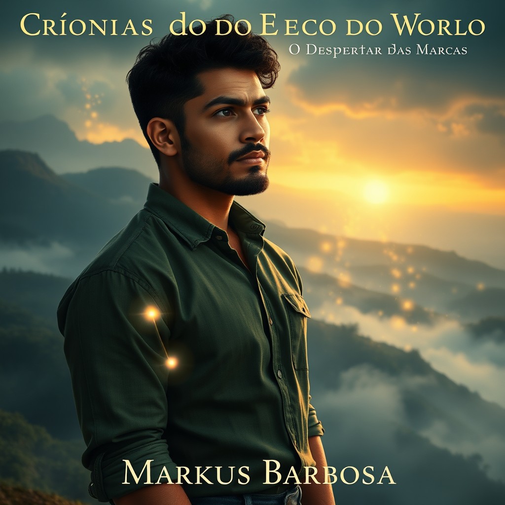A fantasy book cover depicting a 27-year-old Hispanic Latino male with medium to dark brown skin, short, curly black hair, and a neatly trimmed beard, gazing thoughtfully towards the horizon with a slight introspective smile