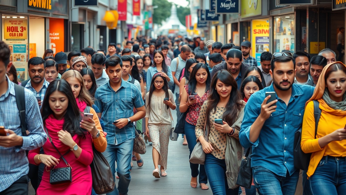 A bustling urban street scene filled with diverse shoppers walking in two opposite directions