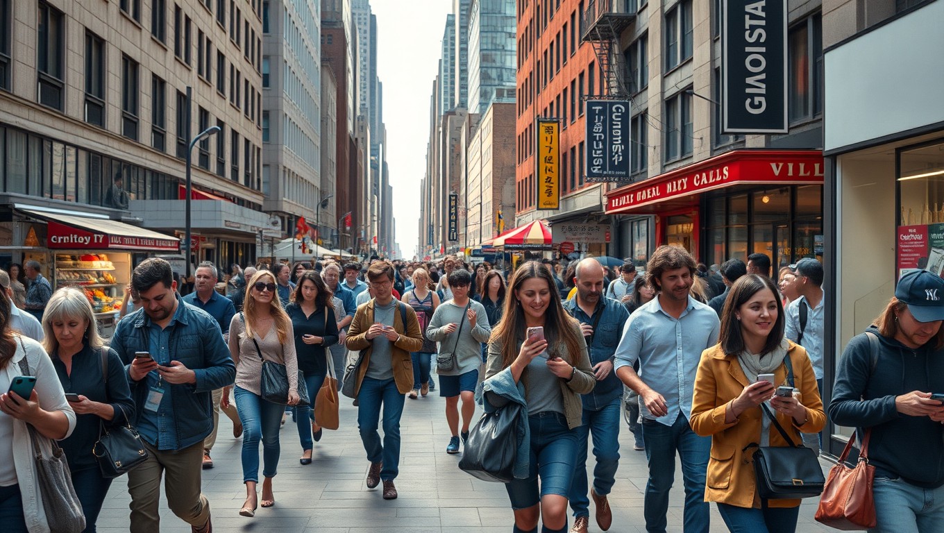 A photorealistic depiction of a busy sidewalk in New York City, showcasing diverse shoppers walking in two distinct directions