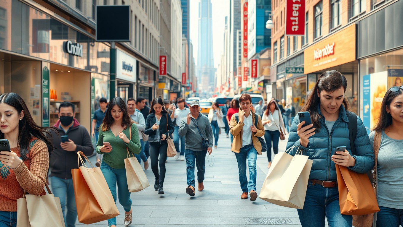 A vibrant photorealistic scene of a busy sidewalk in New York City, depicting shoppers walking in two distinct directions