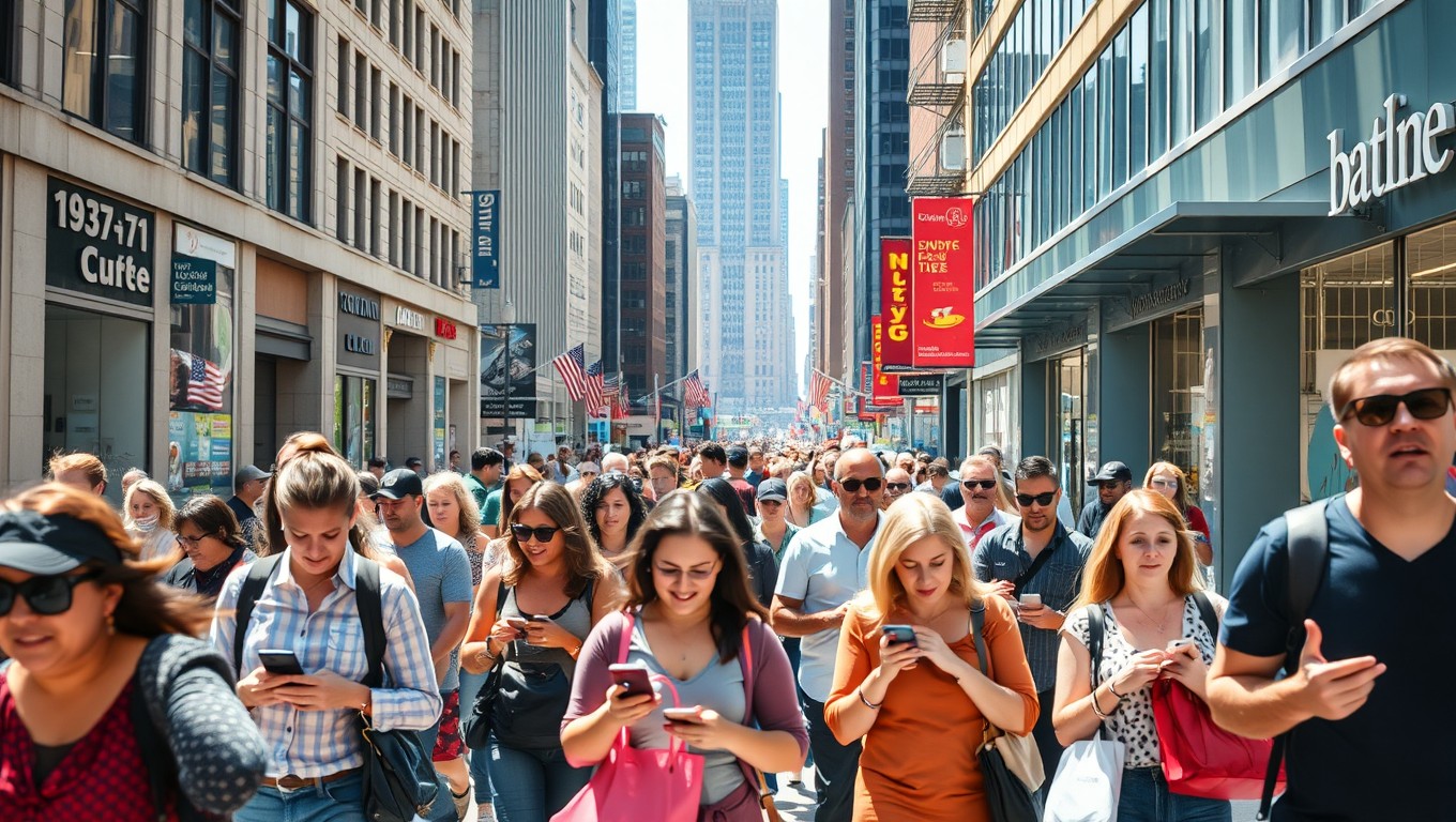 A bustling sidewalk scene in New York City, showcasing a diverse group of shoppers walking in two different directions