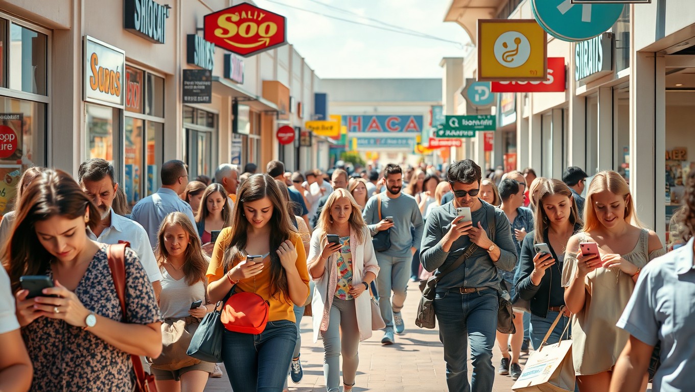A photorealistic image depicting a lively sidewalk in a strip mall, filled with shoppers engaged in various activities