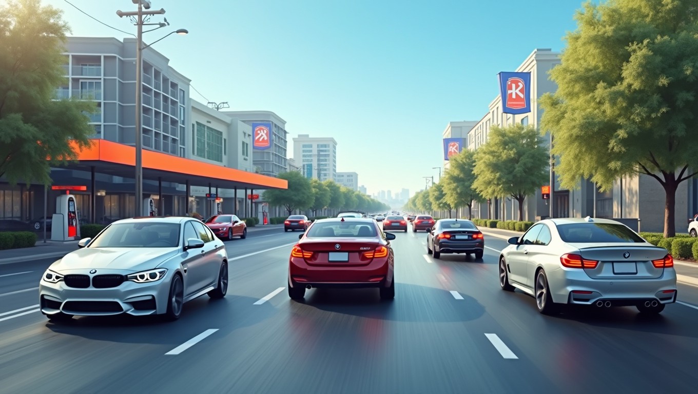 A photorealistic image depicting a busy street scene with several cars driving down the road