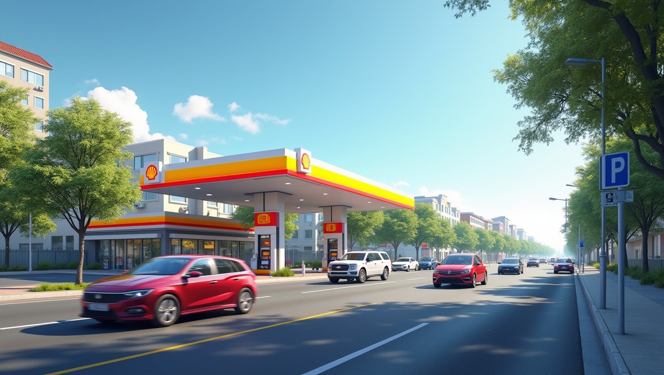 A photorealistic image depicting a busy street scene with several cars driving down the road